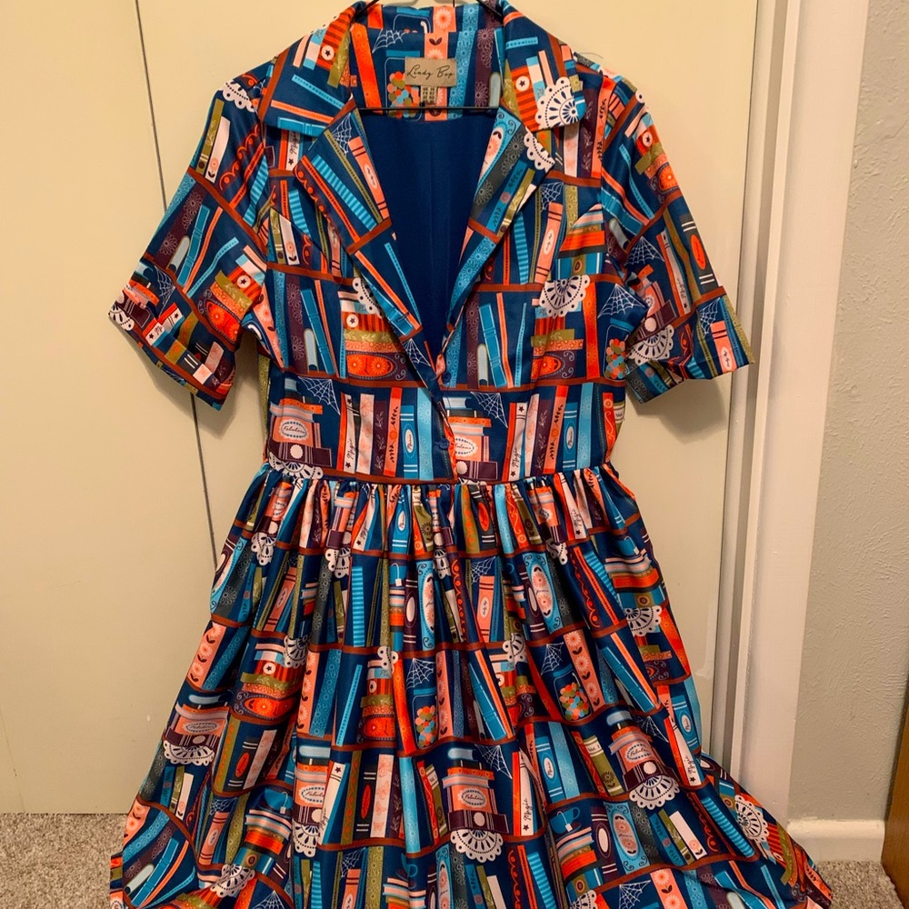 Lindy Bop Bletchley's Book Print Turquoise Shirt Swing Dress size UK 14, US 10
